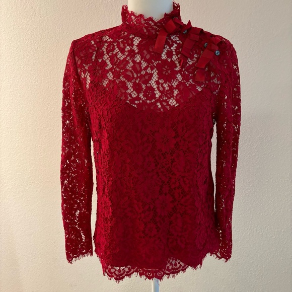 J. Crew Mockneck Floral Lace Red Top size 8 - Picture 3 of 7